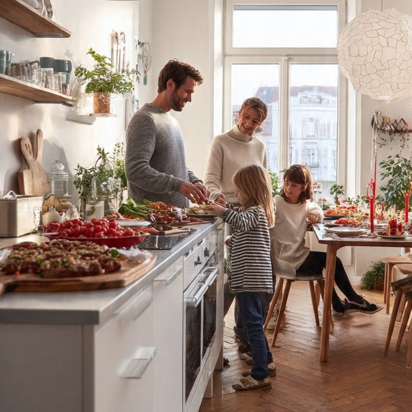 Family in a modern kitchen preparing food together